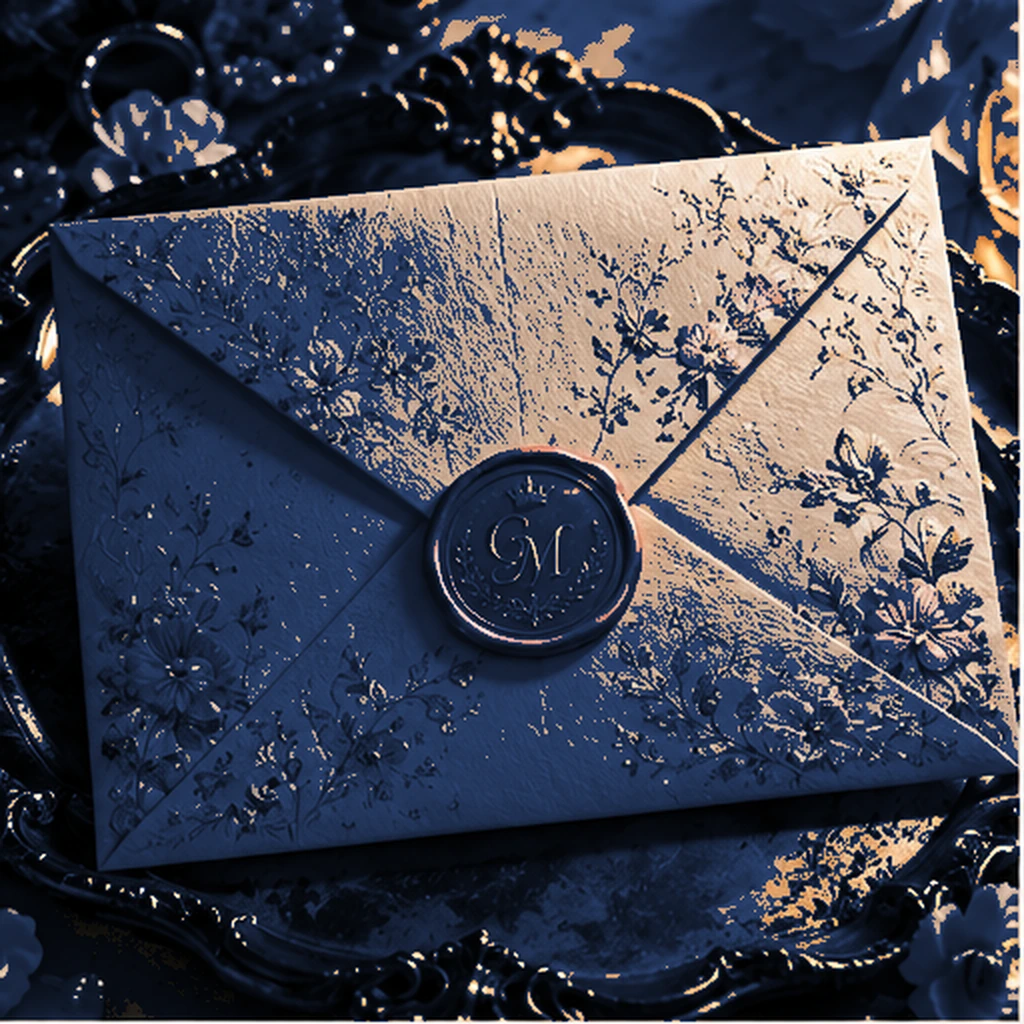 Ivory embossed invitation envelope with navy wax seal
