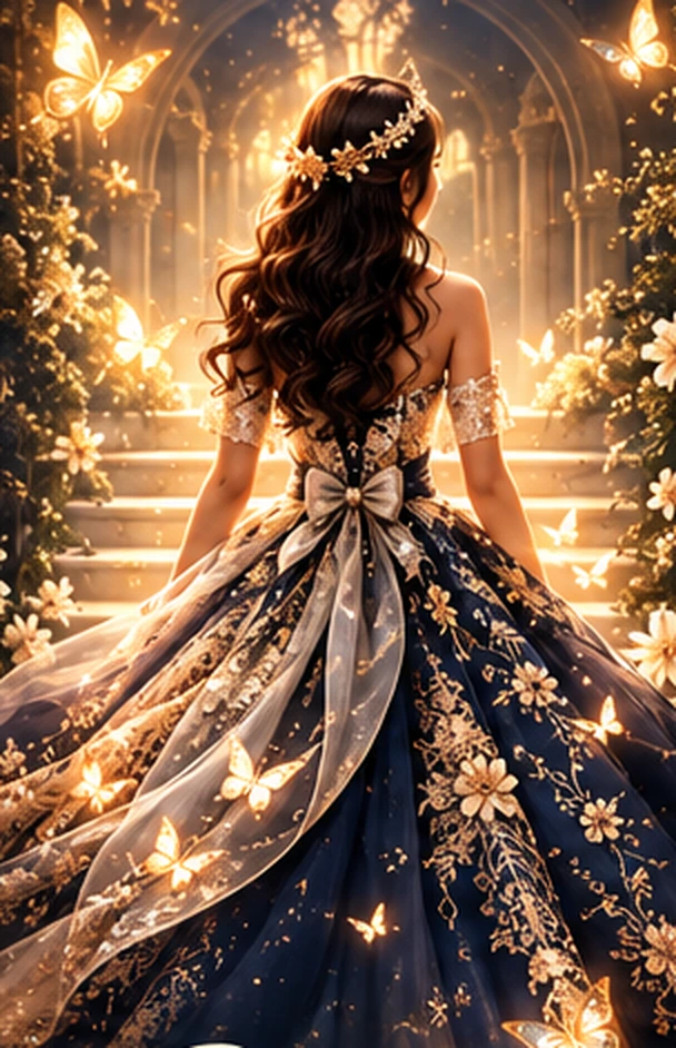 A princess in a flowing navy and champagne ball gown in an enchanted garden